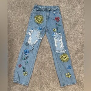 Embroidered Floral Blue Jeans